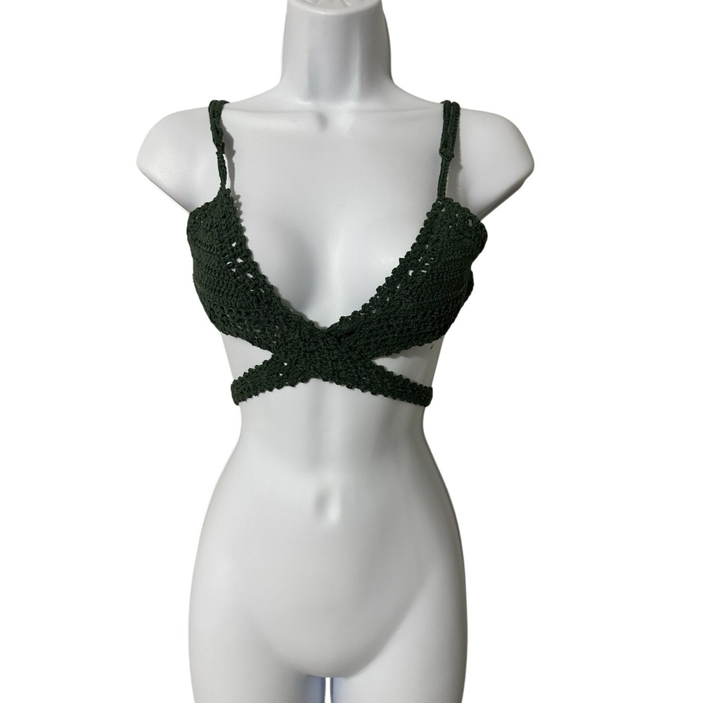 Handmade She Made Me Cotton Crochet Halter Wrap Top Green Boho Bikini Sz M/L